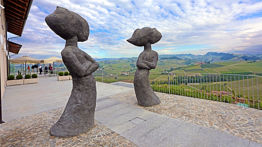 Francesco Clemente’s pair of sculptures, titled “LOVE,” greets guests at the entrance to Le Brunate.Top Barolo Producer Opens Restaurant Overlooking Famed Vineyard
